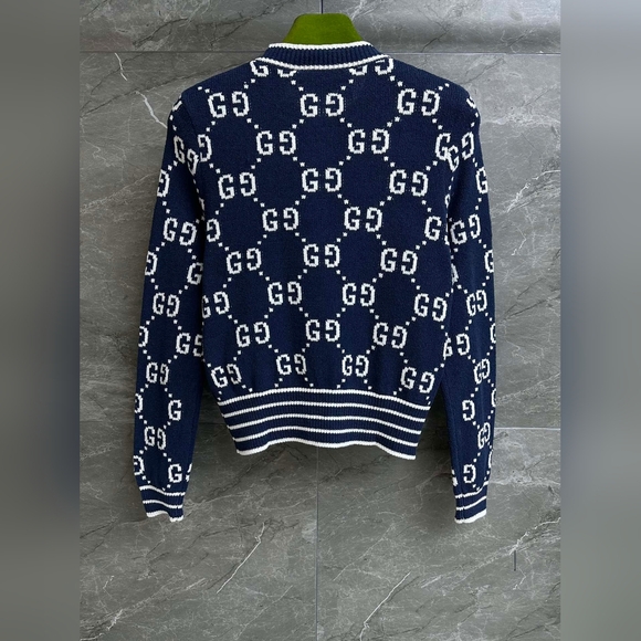 Gucci Navy Blue GG Jacquard Knit Cardigan - Picture 2 of 6